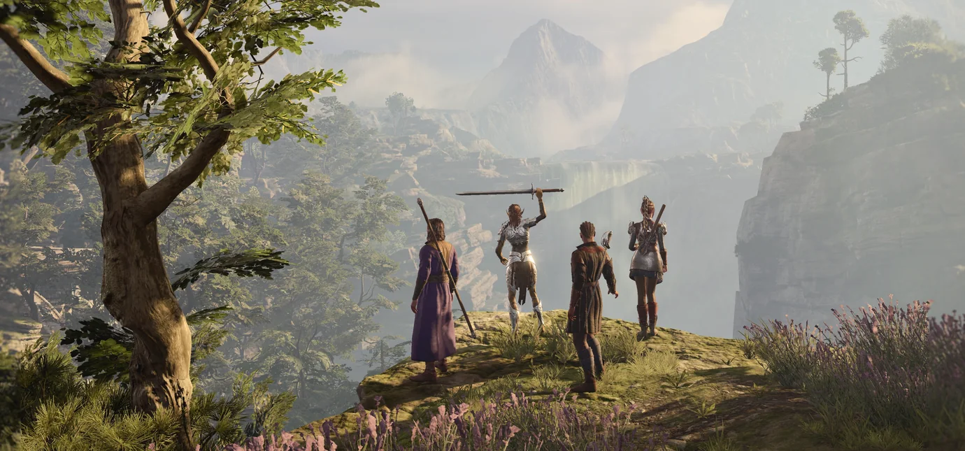Four Baldur's Gate 3 adventurers overlooking a mountain valley