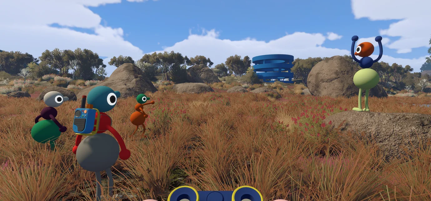 Four Big Walk characters exploring grassland while another signals from a rock
