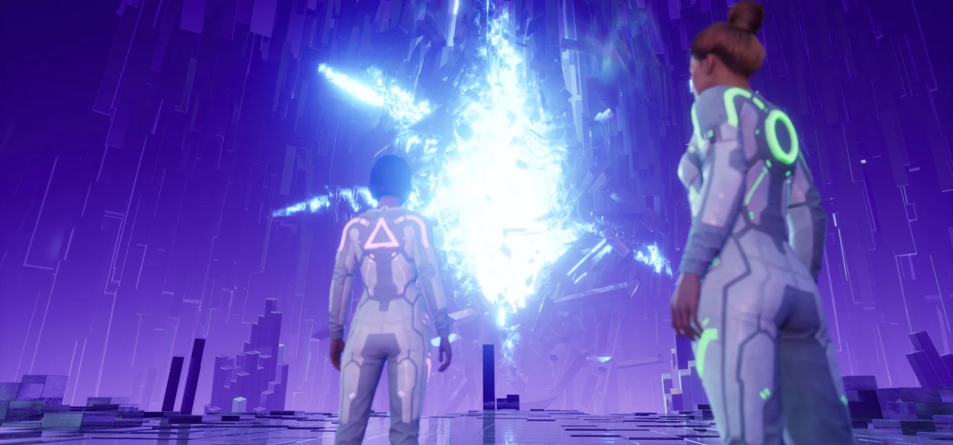 Mio and Zoe facing a glowing fracture inside the Split Fiction simulation
