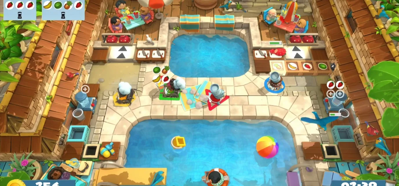 Four chefs working around a poolside kitchen in Overcooked! All You Can Eat