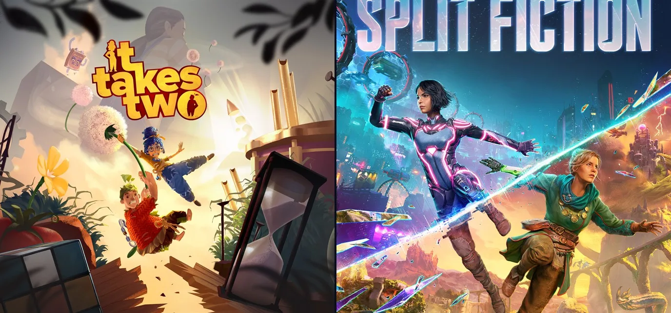It Takes Two and Split Fiction characters and worlds shown side by side