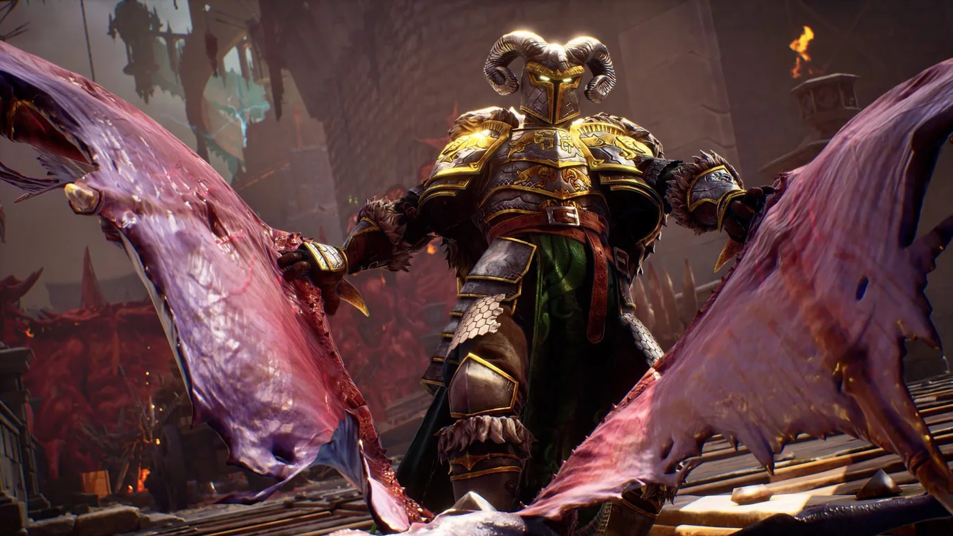 An armored Nephilim facing a winged demon during a Crimson Moon hunt