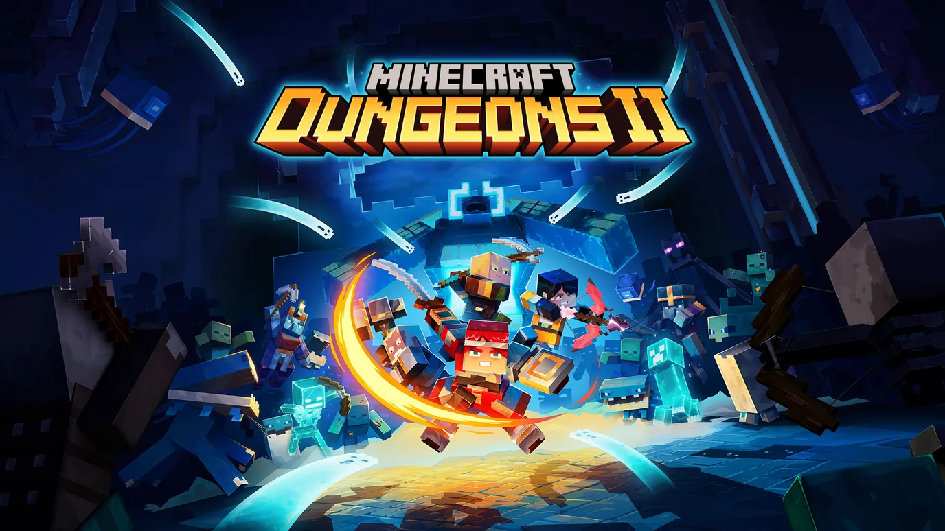 Four heroes charging through a dungeon in Minecraft Dungeons II artwork