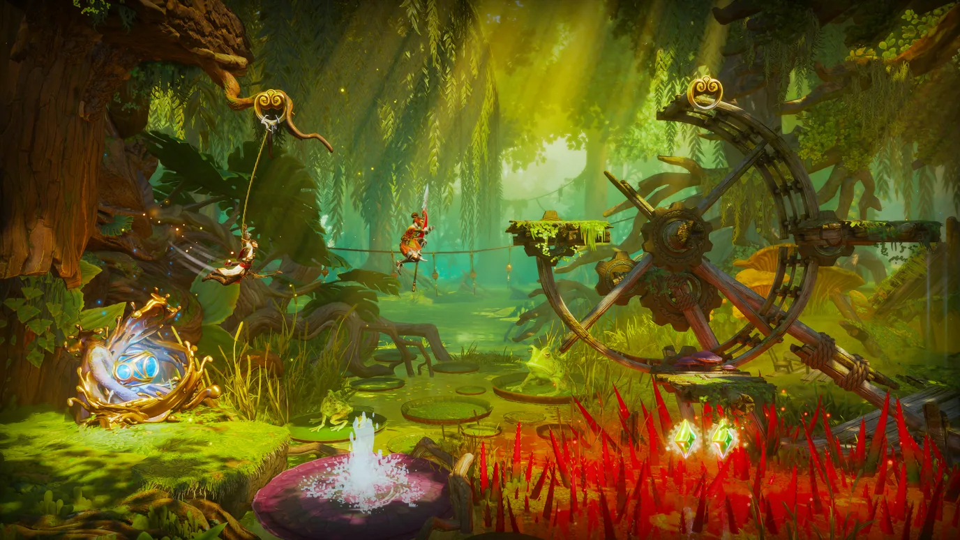 Two Trine 6 heroes swinging through a lush puzzle area filled with hazards