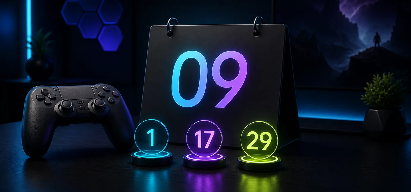 Gaming controller beside a September calendar marked with three release dates