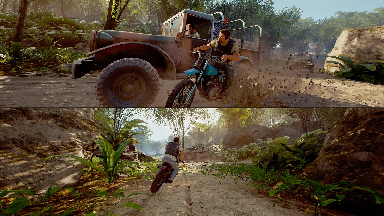 Split-Screen-Motorradjagd mit Leo und Vincent Rennen entlang einer Dschungelstraße