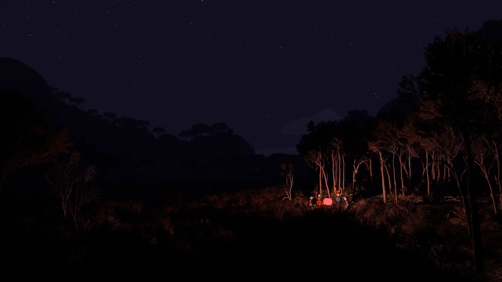Big Walk-Charaktere tragen Lichter durch einen dunklen Wald bei Nacht