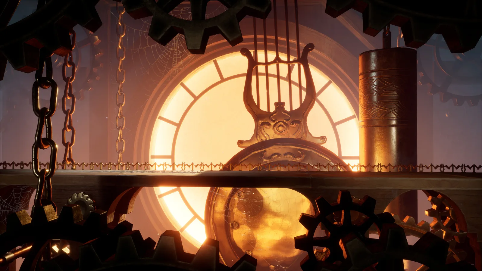 Cody und May überqueren eine mechanische Plattform vor einer großen leuchtenden Uhr