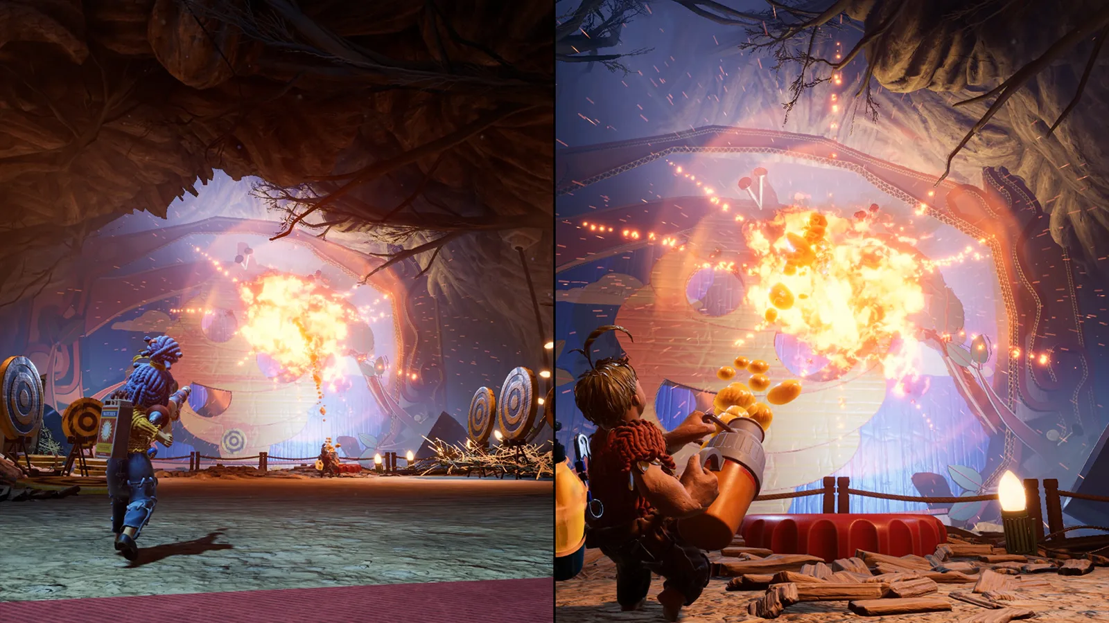 Split-Screen-Ansicht von Cody und May mit verschiedenen Waffen während einer explosiven Boss-Begegnung