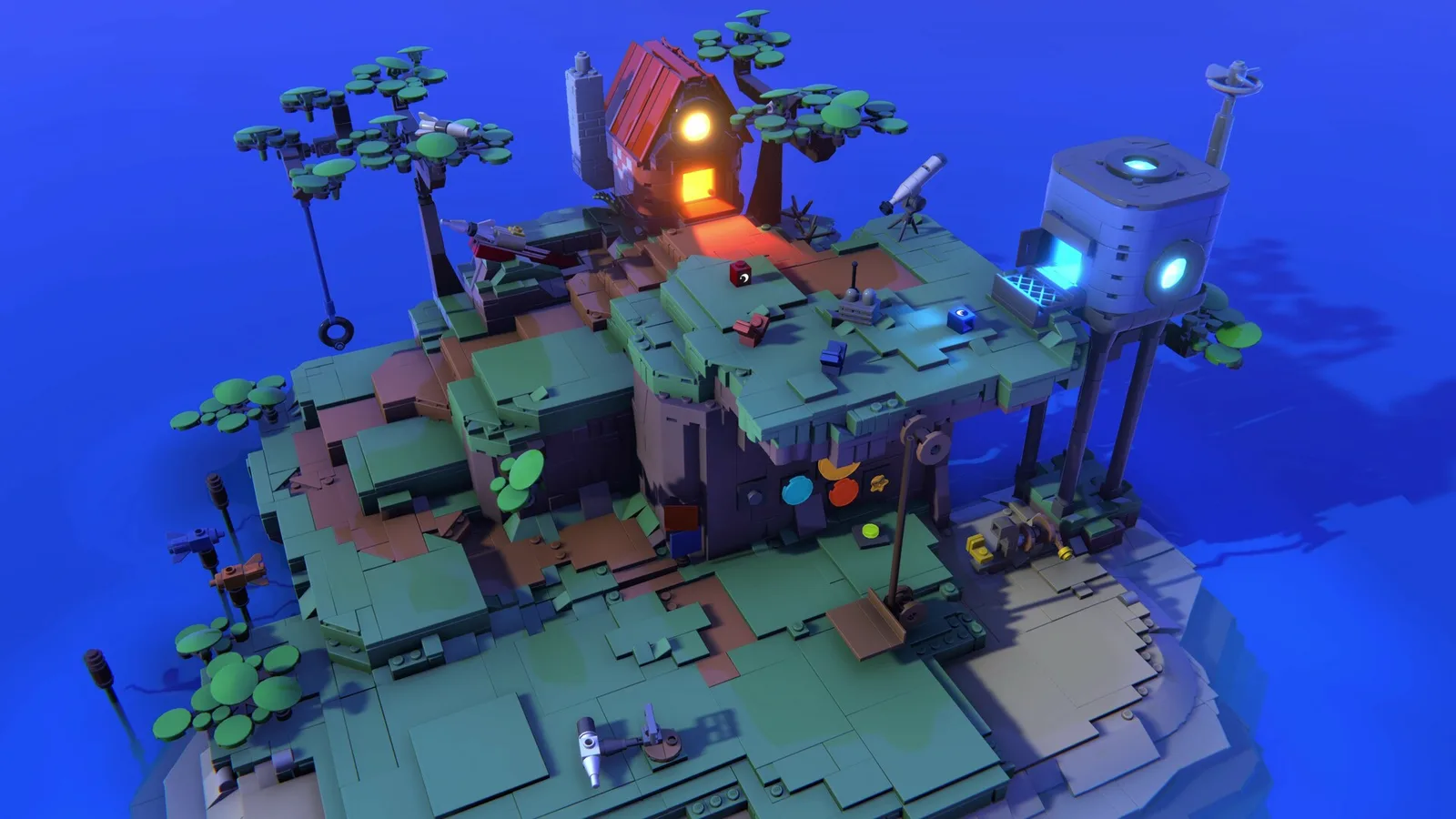 Un'ampia vista dell'isola di due amici in mattoni LEGO con piccoli edifici e alberi