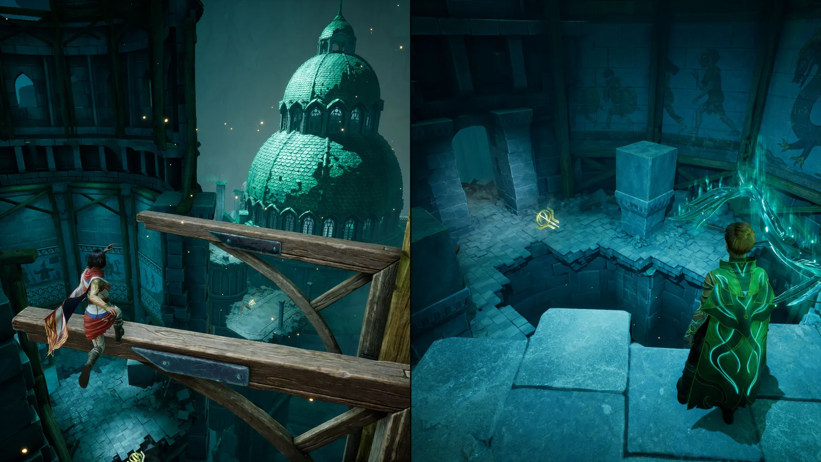 Split-Screen-Ansicht von Mio Springen zwischen Balken, während Zoe alte Ruinen erkundet