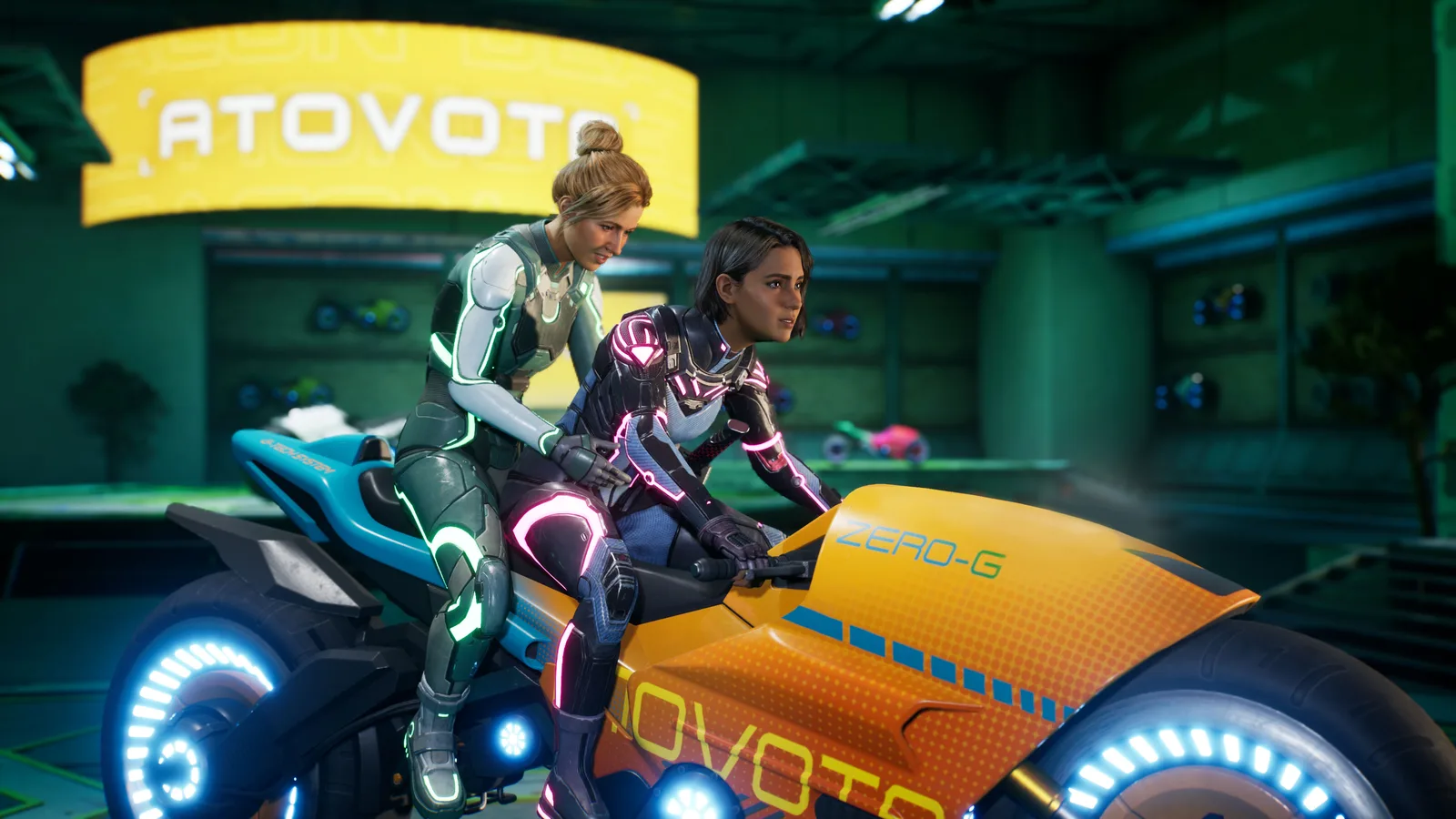 Mio fährt ein futuristisches Gravitationsrad mit Zoe hinter ihr