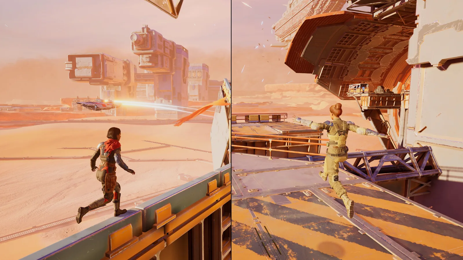 Split-Screen-Ansicht von Mio und Zoe, die eine Metallstruktur über einer Wüste überqueren