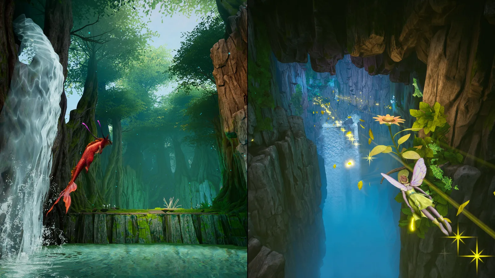 Split-Screen-Gameplay mit einer aquatischen Kreatur, die aus einem Waldpool springt, und einer Fee, die durch eine Höhle fliegt
